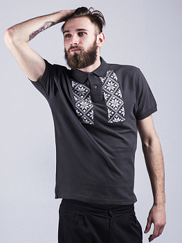 Футболка-поло мужская графитовая с белой вышивкой "Васьмірог"