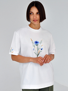 Белая футболка оверсайз (плотная) с вышивкой "Василек"