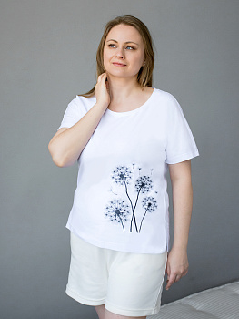 Женская белая футболка со спущенным плечом и разрезами с вышивкой "Одуванчики" 
