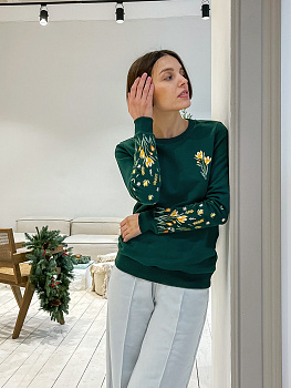 Женский свитшот изумрудный с вышивкой "Крокусы"
