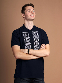 Футболка-поло мужская темно-синяя с белой вышивкой "Васьмiрог" 