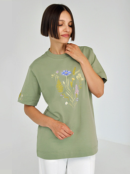 Оливковая футболка оверсайз (плотная) с вышивкой «Купалле» 