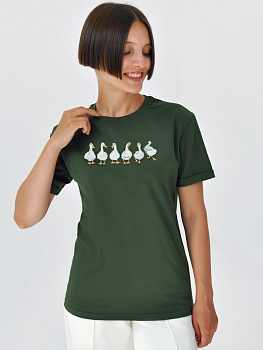 Женская темно-зеленая футболка оверсайз с вышивкой "Гуси"