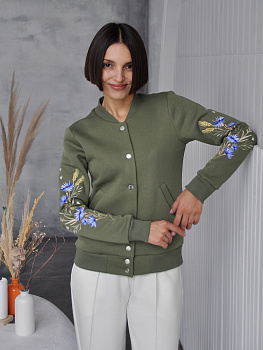 Бомбер цвета хаки женский с вышивкой "Валошкі ў каласах"