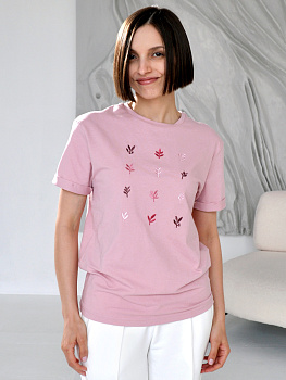 Женская футболка цвета пыльная роза оверсайз с вышивкой "Листопад"