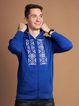 Худи мужское на молнии васильковое с белой вышивкой "Васьмірог"