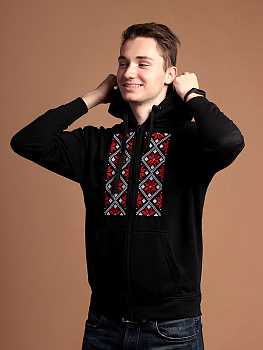 Худи мужское на молнии черное с красно-белой вышивкой "Васьмірог"