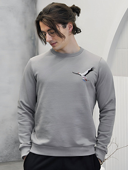 Свитшот мужской серо-бежевый с вышивкой "Аист" 