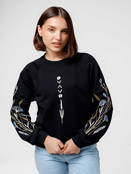 Женский свитшот реглан черного цвета с вышивкой "Васильковые грёзы"