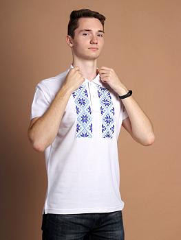 Футболка-поло мужская белая с синей вышивкой "Васьмiрог"