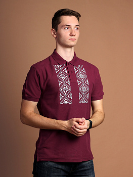 Футболка-поло мужская бургунди с серой вышивкой "Васьмiрог"