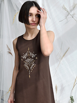Платье шоколадного цвета без рукавов с вышивкой "Орнамент"