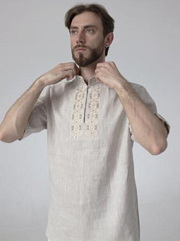 Мужская серая рубаха с коротким рукавом с вышивкой "Орнамент"