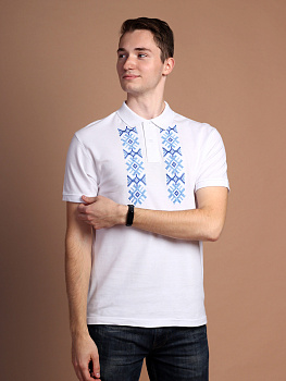 Футболка-поло мужская белая с синей вышивкой "Сонца"