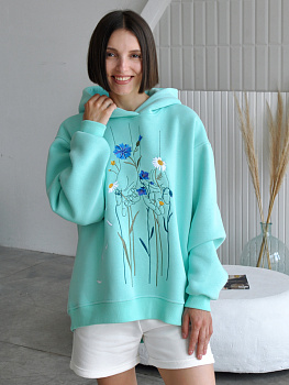 Худи оверсайз мятное с вышивкой "Полевые цветы"