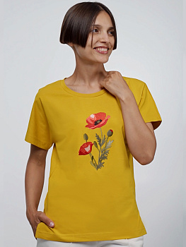 Женская горчичная футболка со спущенным плечом с вышивкой "Маки"