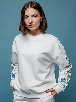 Женский свитшот оверсайз молочного цвета с вышивкой "Родны лен"