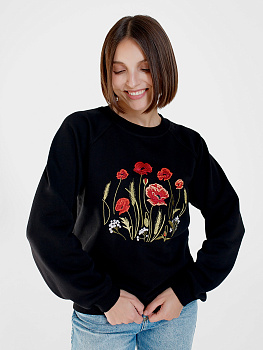 Женский свитшот реглан черного цвета с вышивкой "Маков цвет"