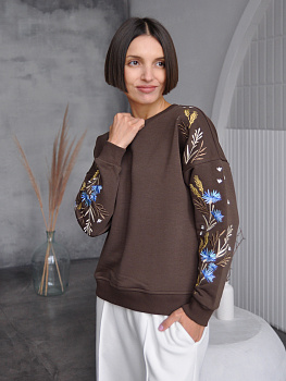 Женский свитшот шоколадного цвета с вышивкой "Валошкі ў каласах"