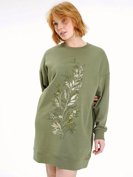 Платье цвета хаки с вышивкой "Танец листвы"