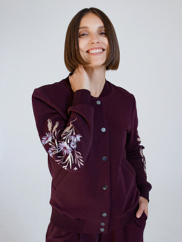Бомбер женский баклажанового цвета с вышивкой "Валошкі ў каласах"