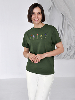 Женская темно-зеленая футболка оверсайз с вышивкой "5 flowers"