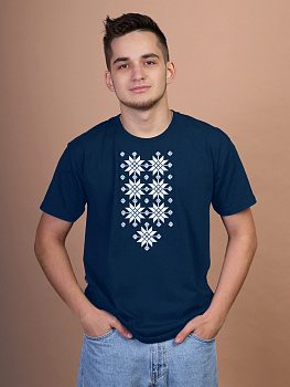 Мужская футболка синяя с белой вышивкой "Жыццё"