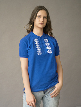 Детская футболка-поло васильковая с белой вышивкой "Хараство"