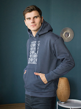 Худи мужское цвета деним с белой  вышивкой "Васьмірог"