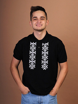 Футболка-поло мужская черная с белой вышивкой "Сонца" 