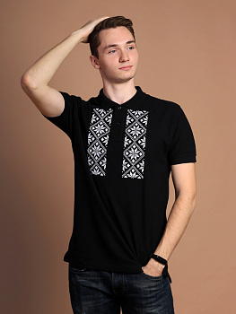 Футболка-поло мужская черная с белой вышивкой "Васьмірог"