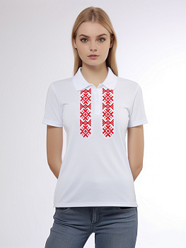 Женская футболка-поло белая с красной вышивкой "Сонца"