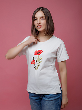 Женская молочная футболка со спущенным плечом с вышивкой "Маки"