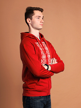 Худи мужское на молнии красное с белой вышивкой "Васьмiрог"